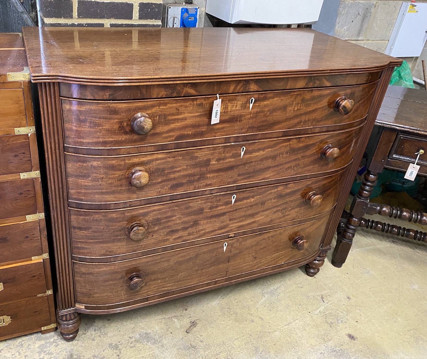 A George IV mahogany bow front chest, width 121cm, depth 57cm, height 104cm